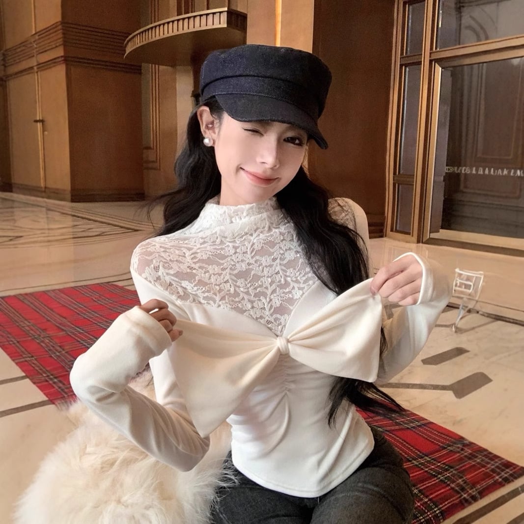 【tops】リボン付きレースドッキングトップス　M28143