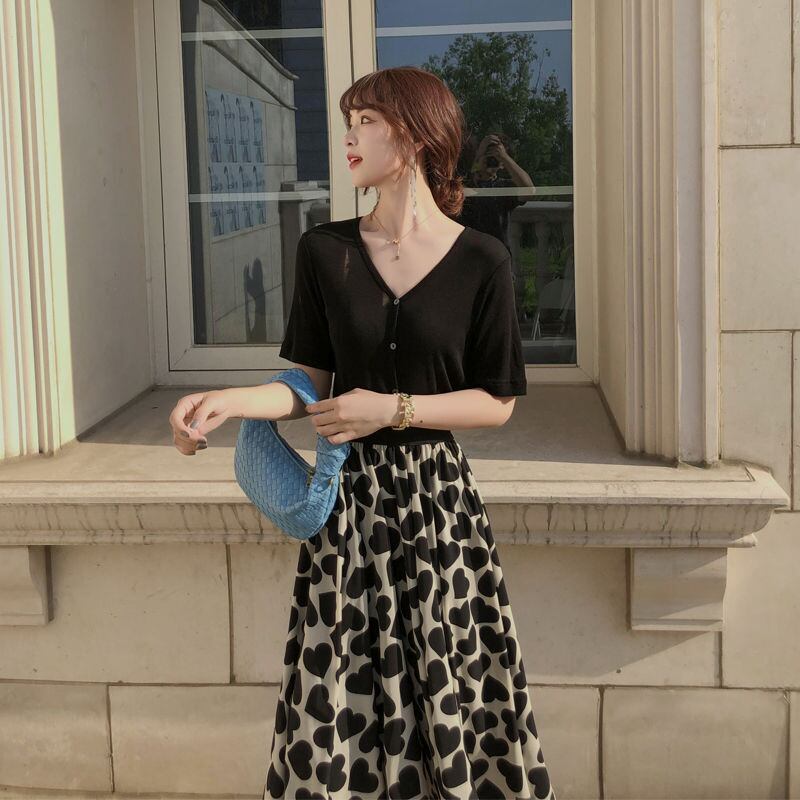 【bottoms】ハート柄Aライン花柄レディースファッションOL通勤ミッドウエストスカート