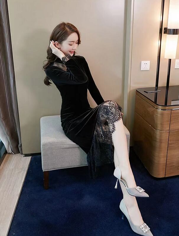 【dress】一目惚れ！長袖レース切り替え韓国ファッションOL通勤マーメイド無地ワンピースF1551