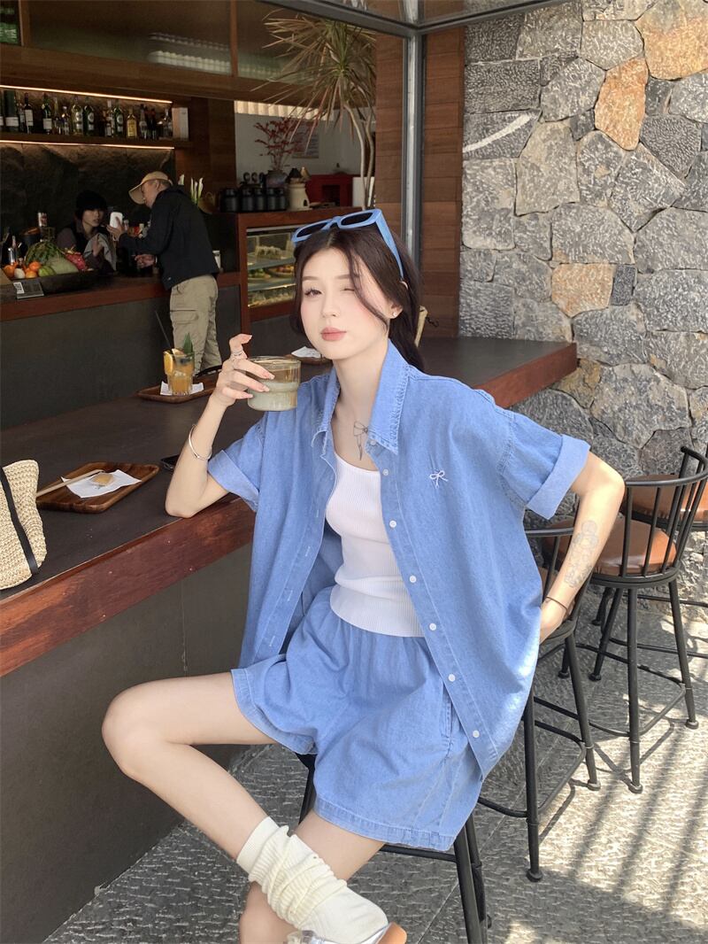 【set】薄手デニムブラウス+ショートパンツ２点セットG21568