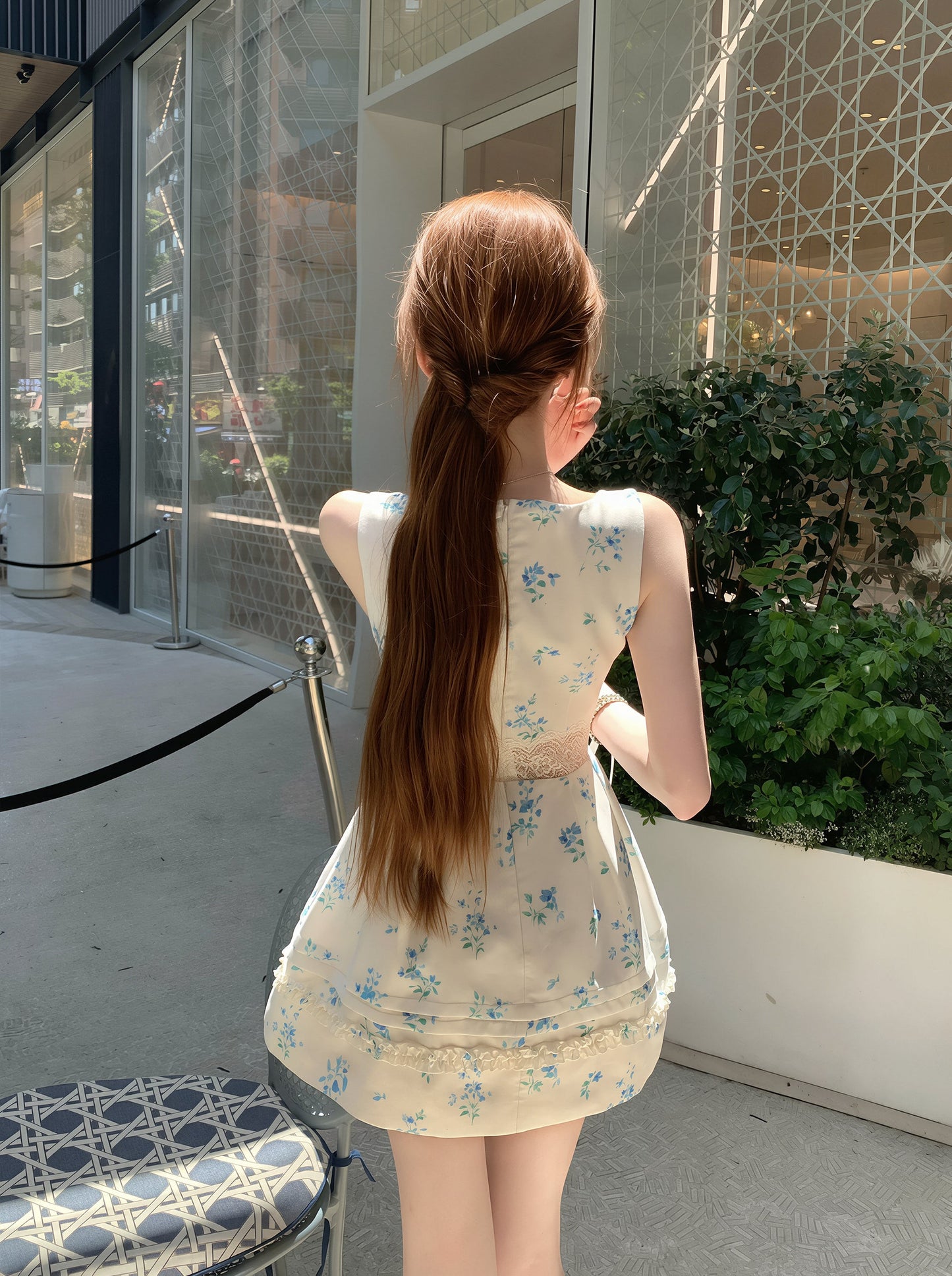 【dress】フラワー柄レースドッキングワンピース Q8757