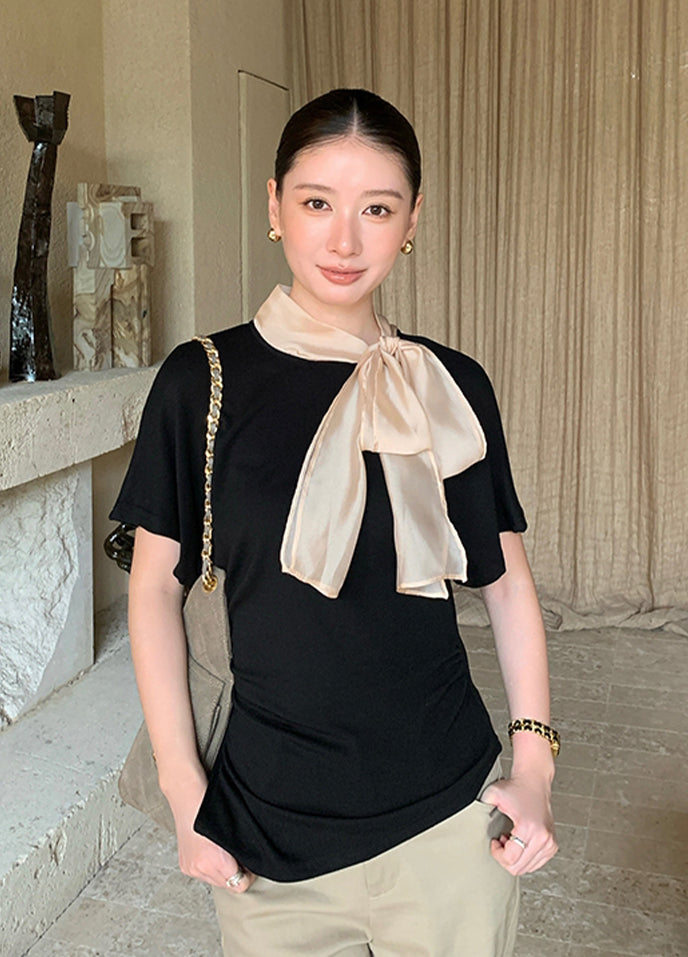 【tops】スカーフネック半袖ニットトップス Q8943