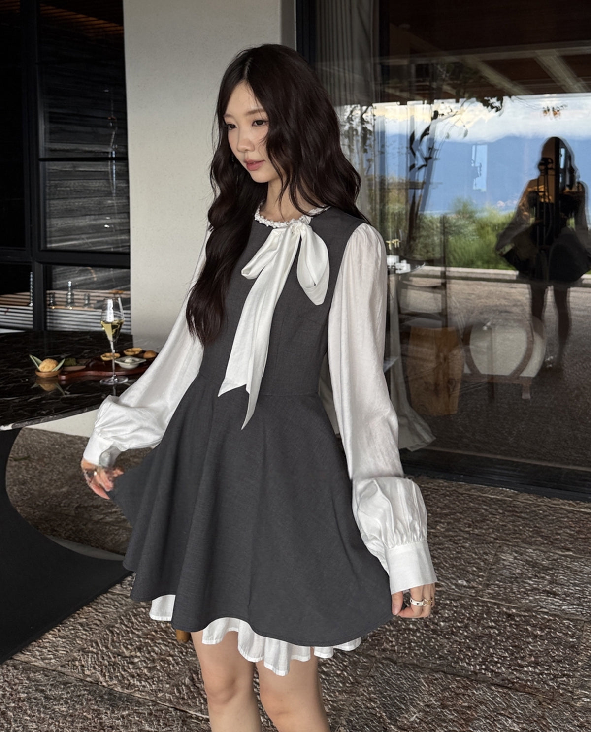 【dress】リボン付きフェイクレイヤードワンピース Q8928