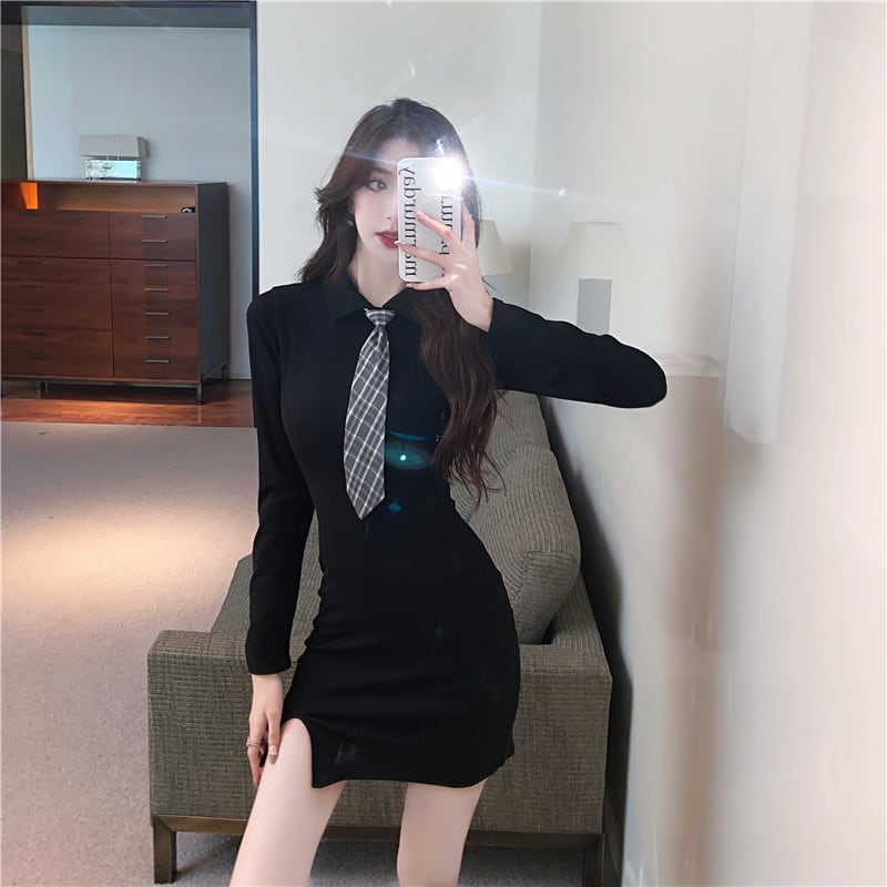 【dress】ネクタイ付きシャツワンピース Q8088
