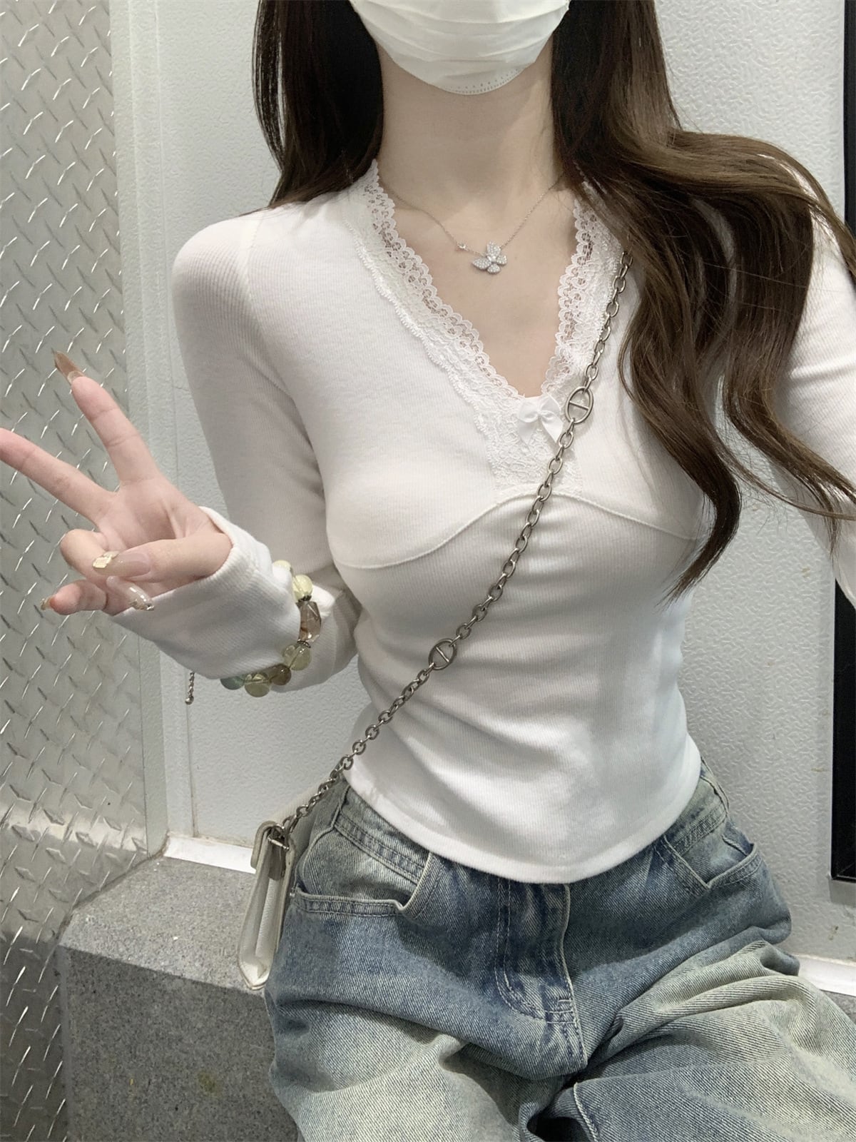 【tops】レース切り替え長袖Tシャツ　M29399