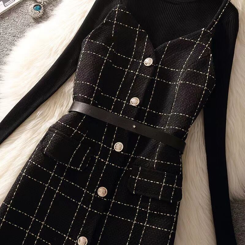 【set】一目惚れ！2点セット無地セーター+Vネックウェスト絞りチェック柄キャミワンピース通勤日常セットアップF1405