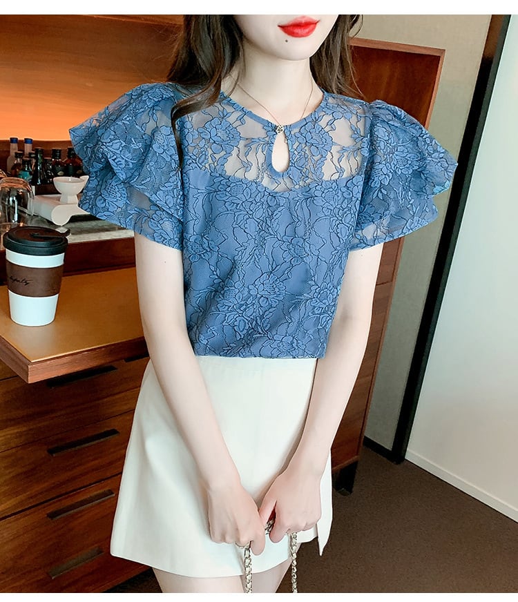 【tops】透かし彫りレースブラウスG21385