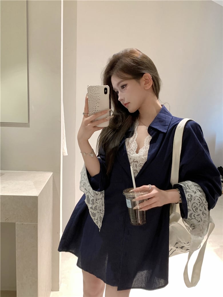 【set】UVカットシャツ×レースノースリーブトップスセット　N2685