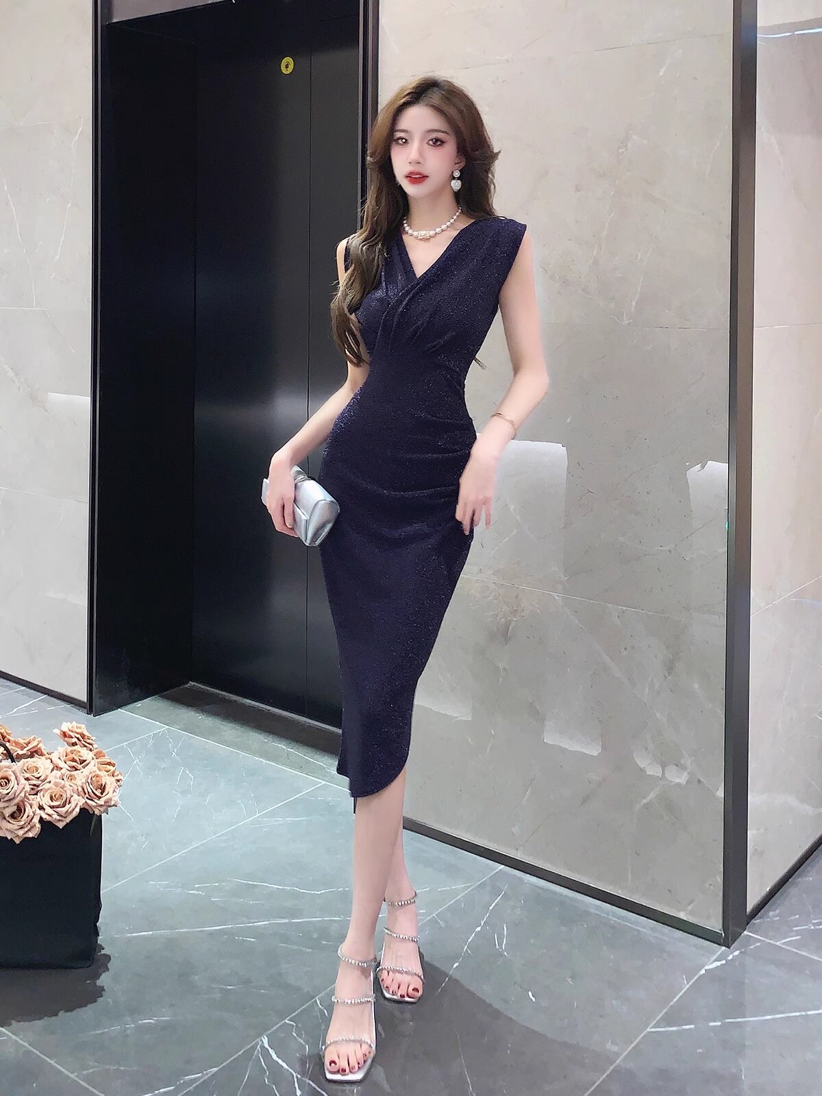 【dress】VネックスリットタイトワンピースF7321