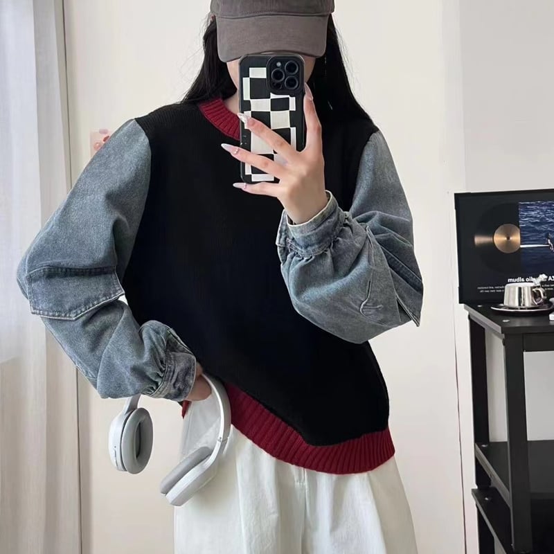 【tops】デニム袖ドッキングセーター Q6372