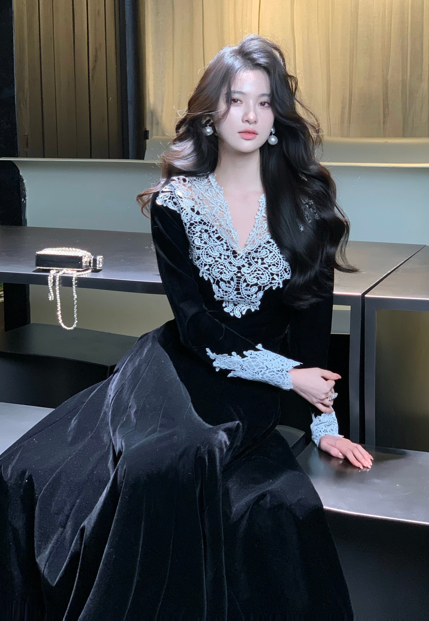【dress】レーストリミングベロアワンピース　N3476