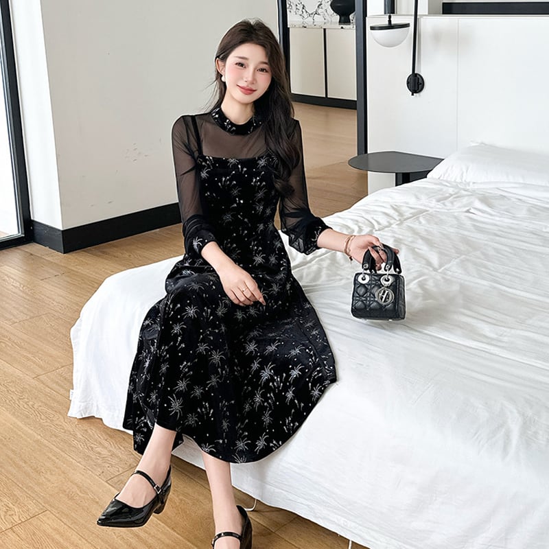 【dress】チュールドッキングベルベットワンピース Q7045