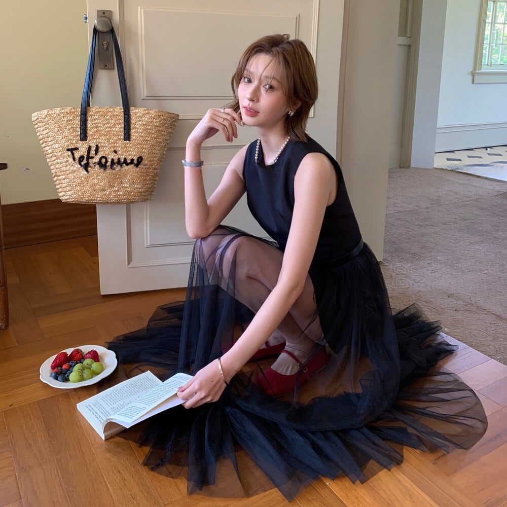 【dress】チュールドッキングノースリーブワンピース  N3562