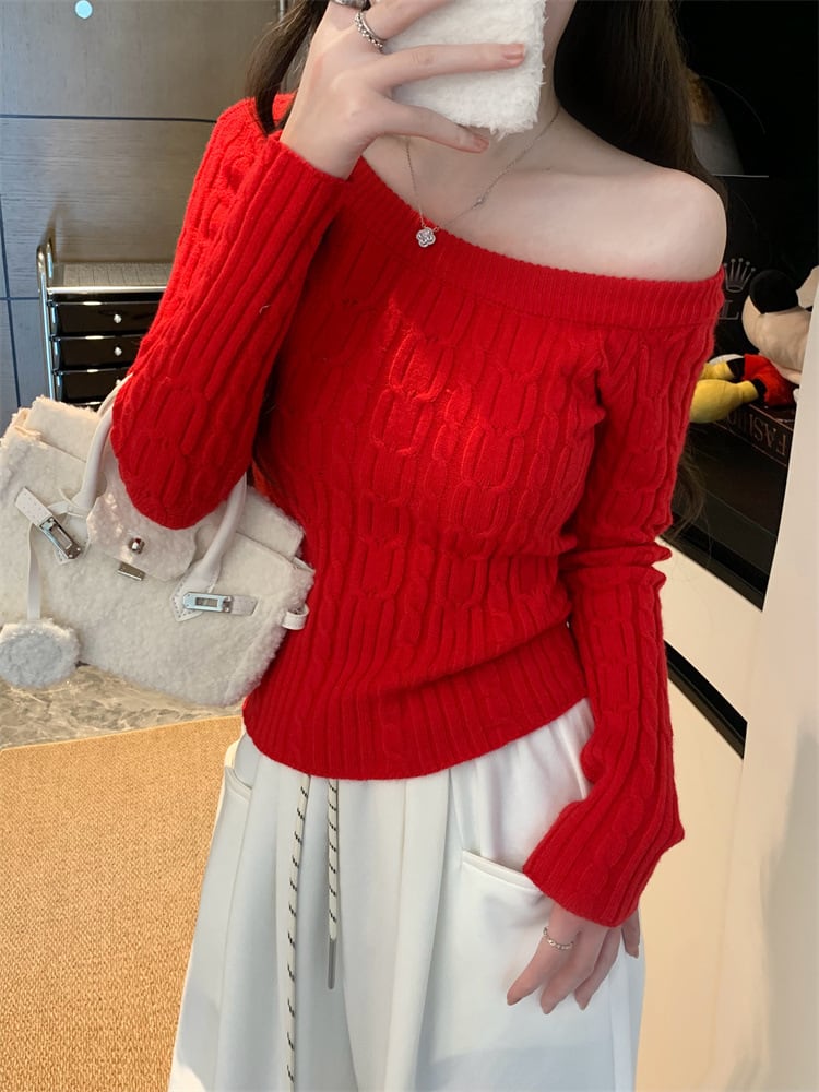【tops】オフショルダーニットトップス　M28411