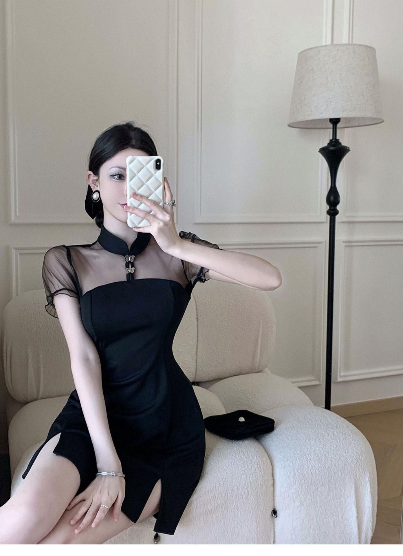 【dress】メッシュ切り替えスリットワンピース G21310