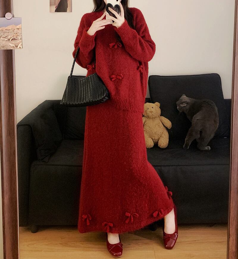 【set】リボン付きニットトップス×ロングスカートセット Q7677