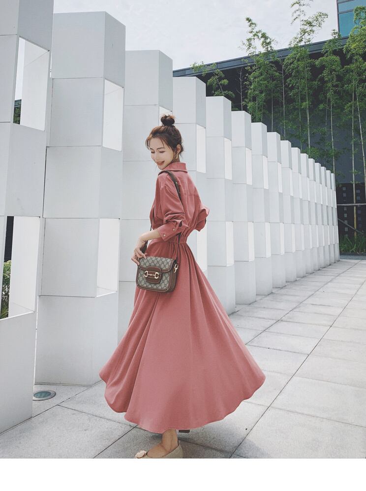 【dress】OL通勤気質満点レトロスウィート長袖Vネック無地着痩せワンピース