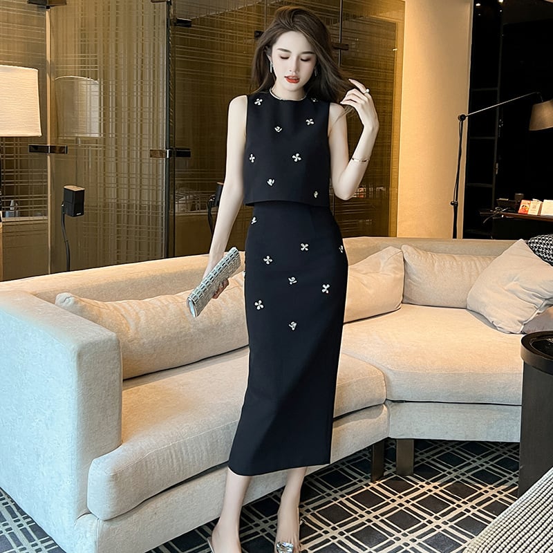 【set】タンクトップ+スリットスカート２点セットF7188