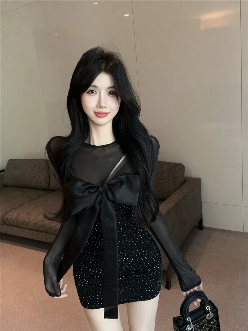 【dress】チュールコンビビジューリボン付きワンピース　M29784