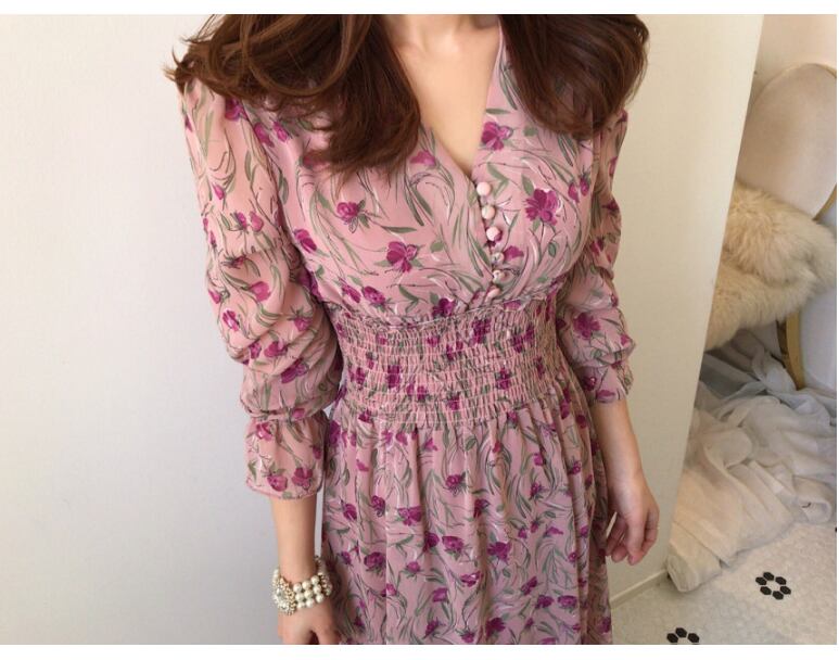 【dress】優しい雰囲気!エレガント気質満点スウィート 韓国系シフォン花柄ワンピース G1785