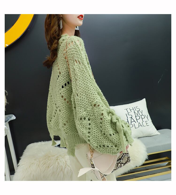 【tops】韓国ファッション3色ラウンドネック長袖透かし彫り薄手ニットセーターF0634