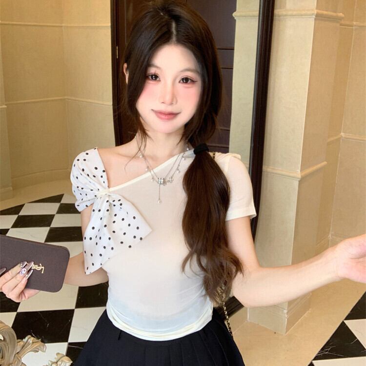 【tops】オフショルダーリボン付きTシャツ　M29832
