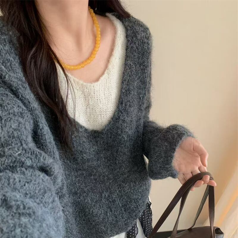【tops】フェイクレイヤードニットトップス Q7072