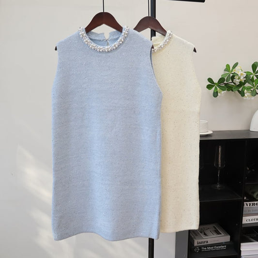 【dress】パール付きノースリーブニットワンピース Q7323