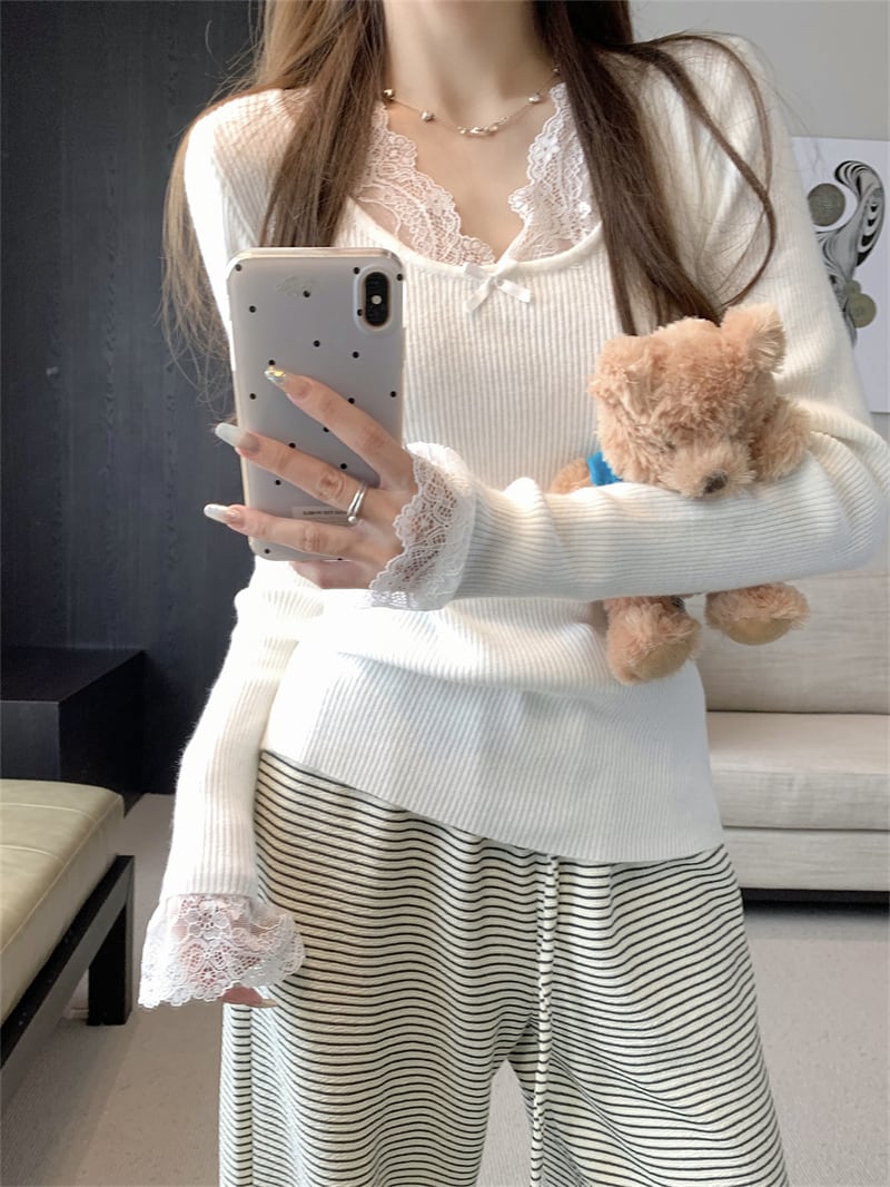 【tops】レースドッキングニットトップス　N2897
