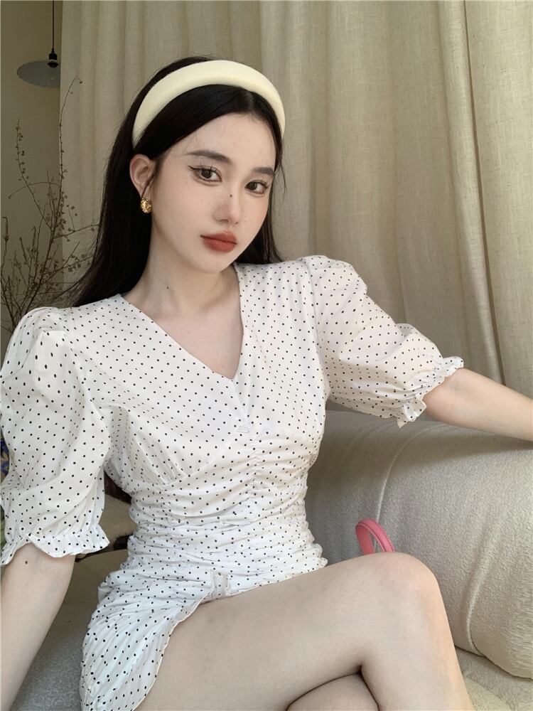 【dress】Vネックパフスリーブギャザーワンピース G21271