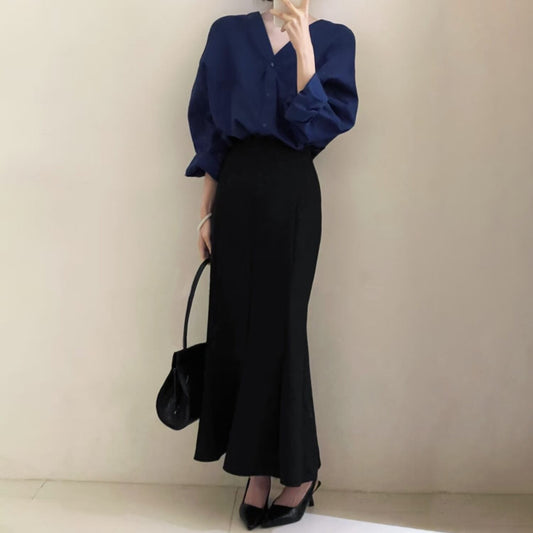 【set】Ⅴネックシャツ×ロングスカートセット     N3006
