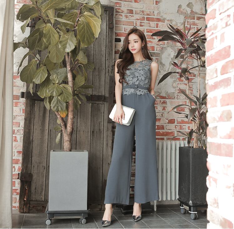 【set】美人度アップ!レース洋気切り替えノースリーブハイウエストオールインワン G0426