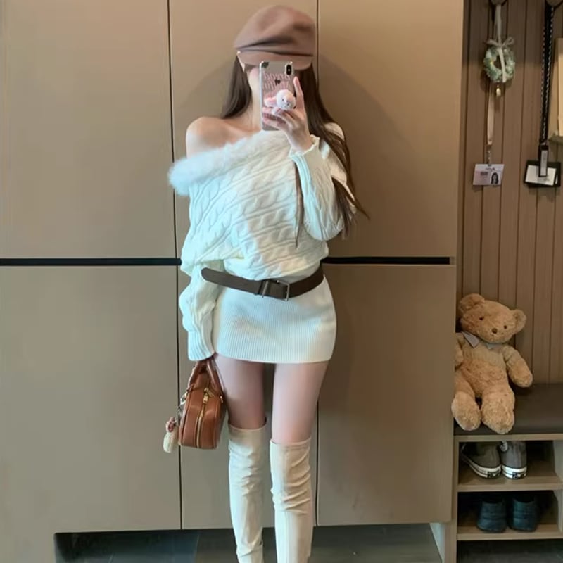 【dress】ファードッキングオフショルダーニットワンピース Q7731