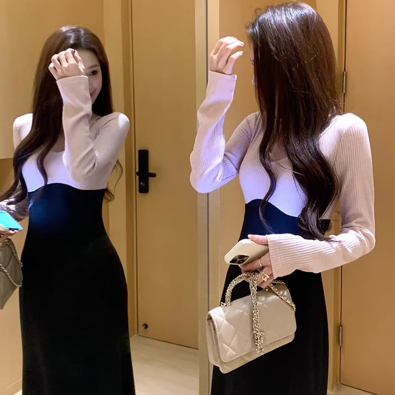 【dress】レースドッキングロングニットワンピース Q7853