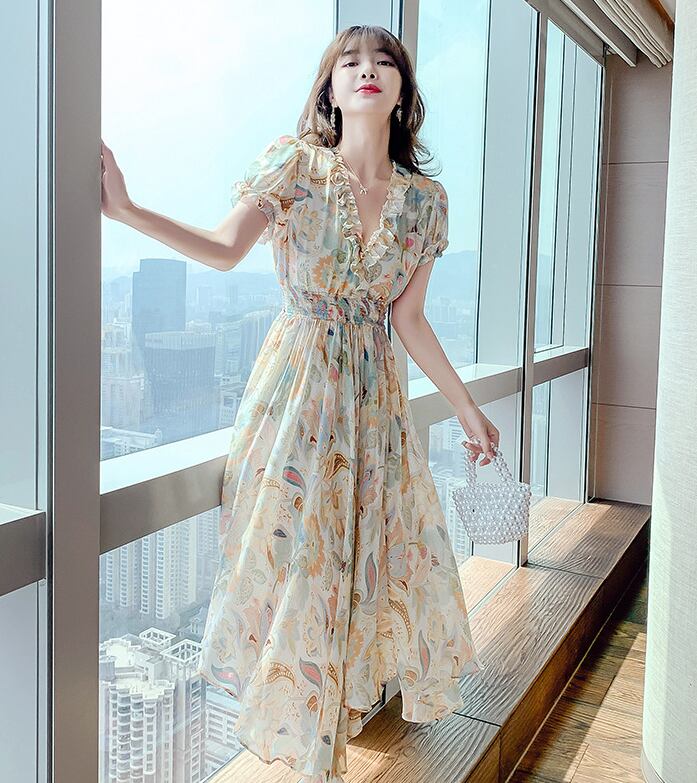 【dress】好感度満載！Vネック半袖夏海旅行シフォン花柄配色ワンピース F0343