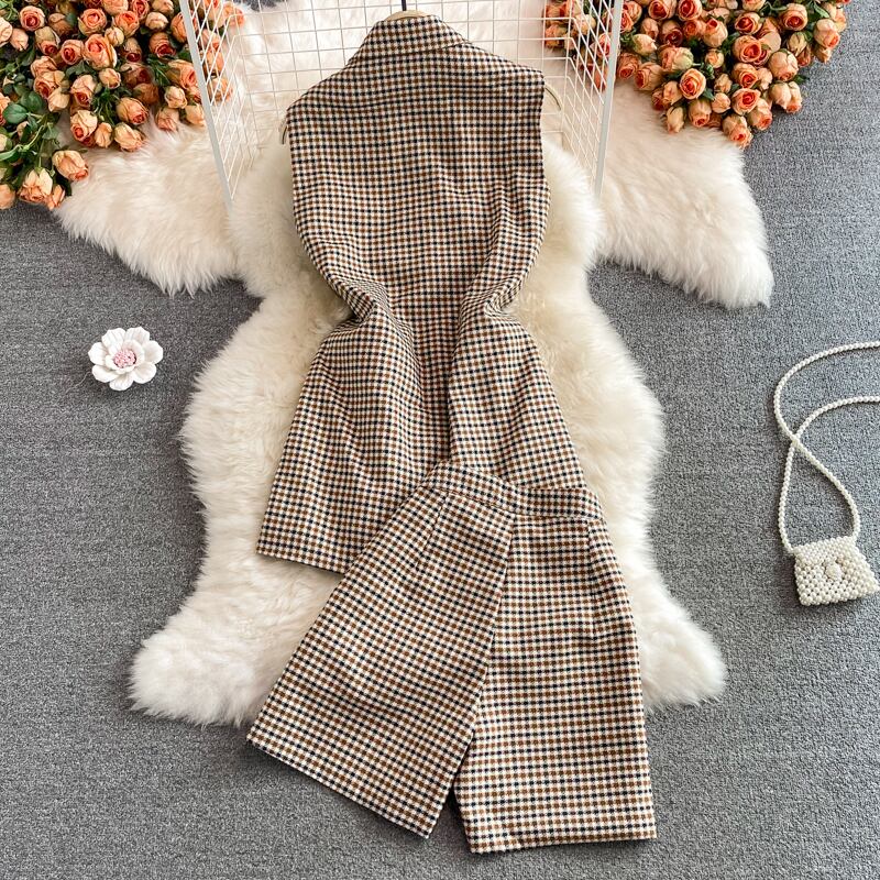 【set】チェック柄チョッキ+ショートパンツ２点セットG20716