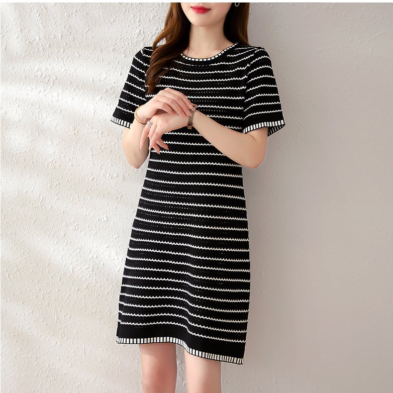 【dress】ストライプ柄ニットAラインワンピース G21126