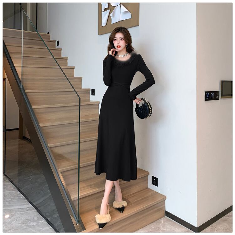 【dress】ファーネックニットワンピース　M18254