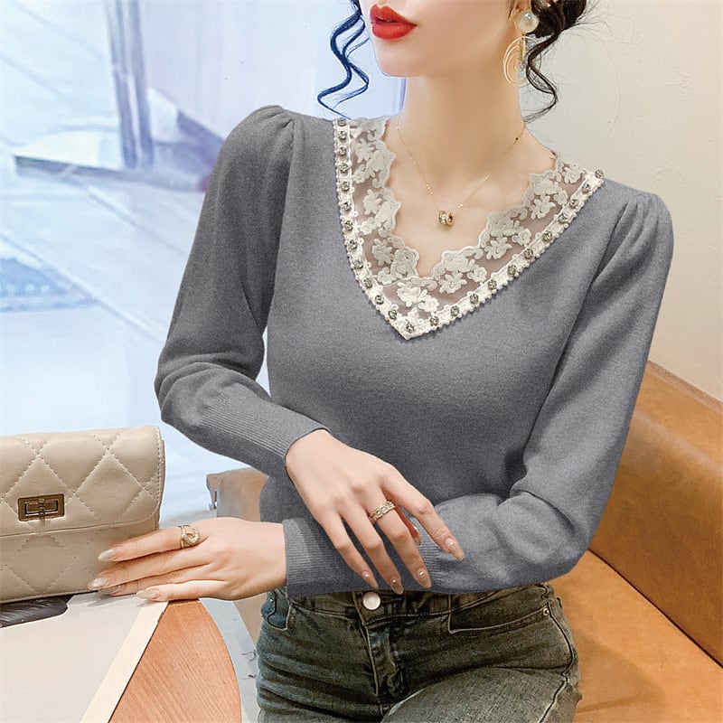 【tops】Vネックレース切り替えニットトップス　M28260