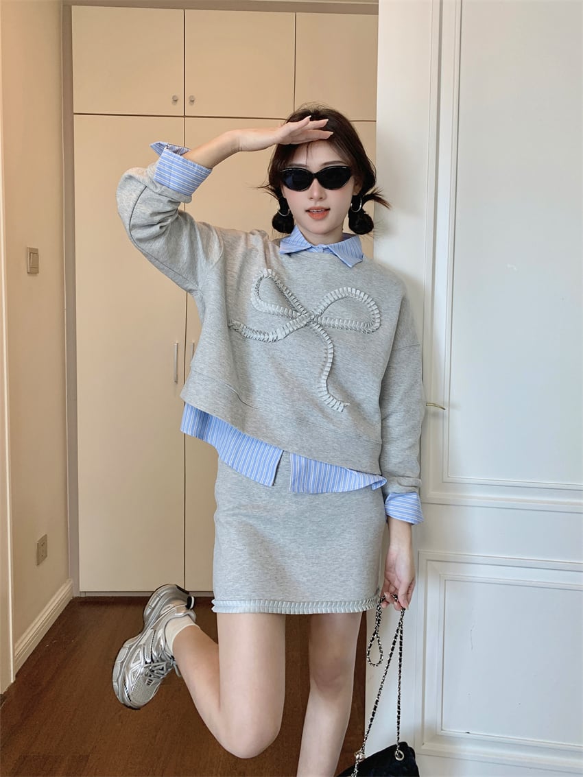 【set】ストライプ柄シャツ×リボンプルオーバー×スカート3点セット    N2733