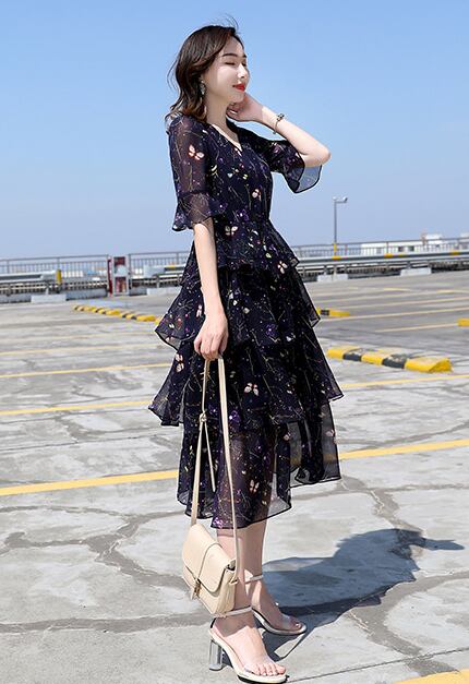 【dress】一目惚れ！Vネックフレアスリーブギャザー花柄ワンピースF0297