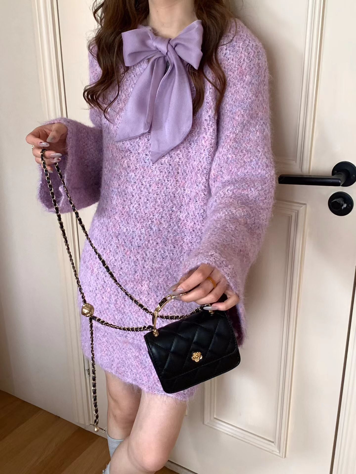 【set】リボン付きニットトップス×ミニスカートセット Q7281