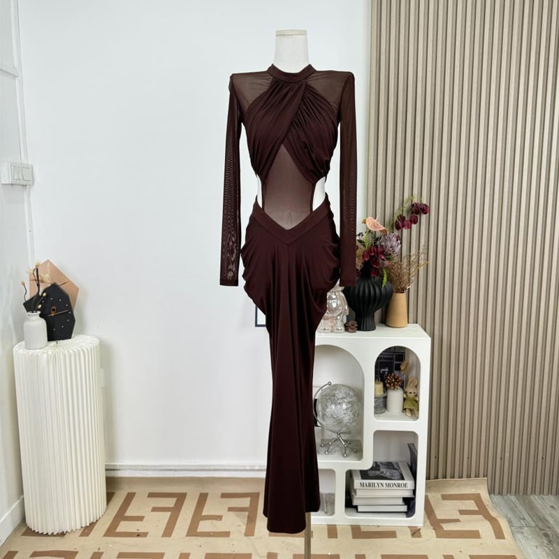 【dress】クロスネックチュールドッキングロングワンピース Q7951
