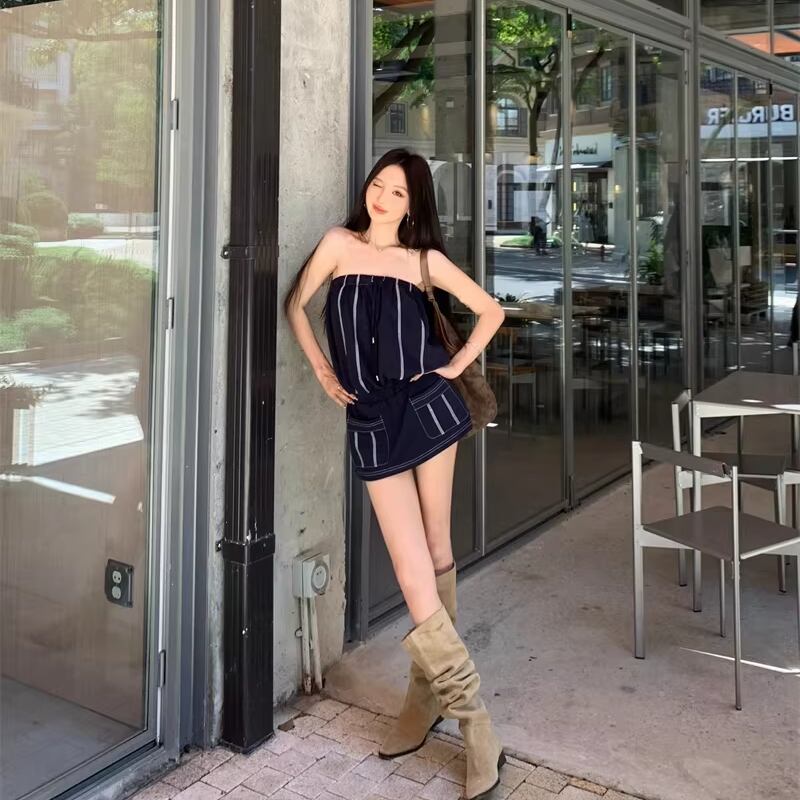 【dress】ストライプ柄チューブドレス Q8130