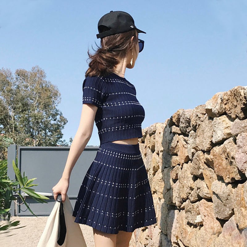 【set】好感度UP!気質満点韓国系夏スウィートトップス+ニットスカート２点セット G0775