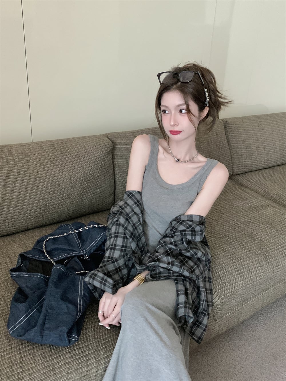 【set】チェック柄シャツ×キャミワンピースセット　M25124