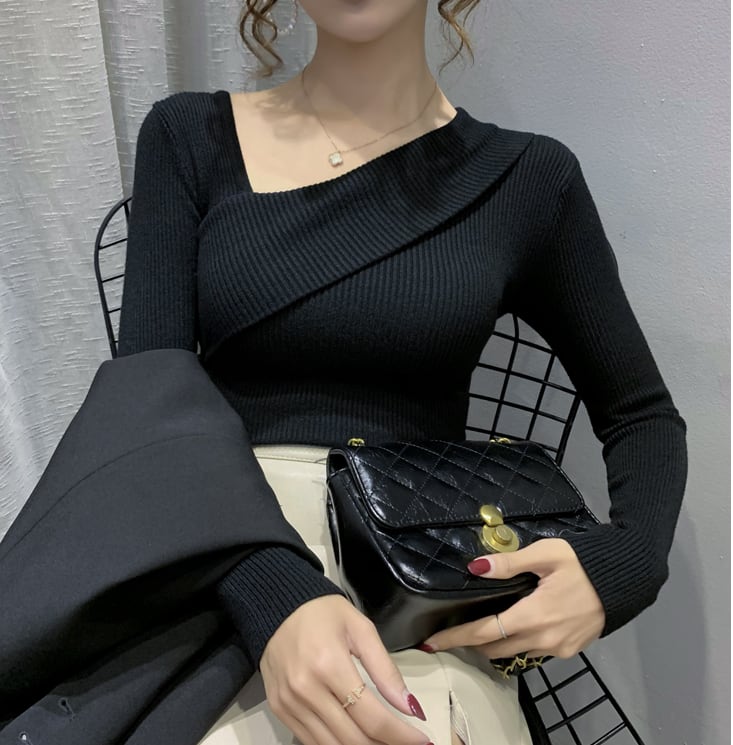 【tops】早い者勝ち! 長袖オブリークネック韓国ファッション着回しゆったりニットセーターW0782