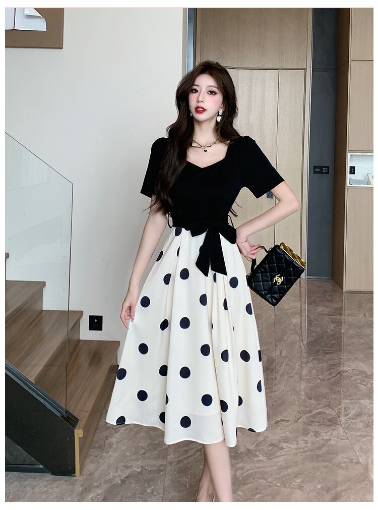 【dress】大人可愛い夏Vネック切り替えドット柄ワンピースF5794