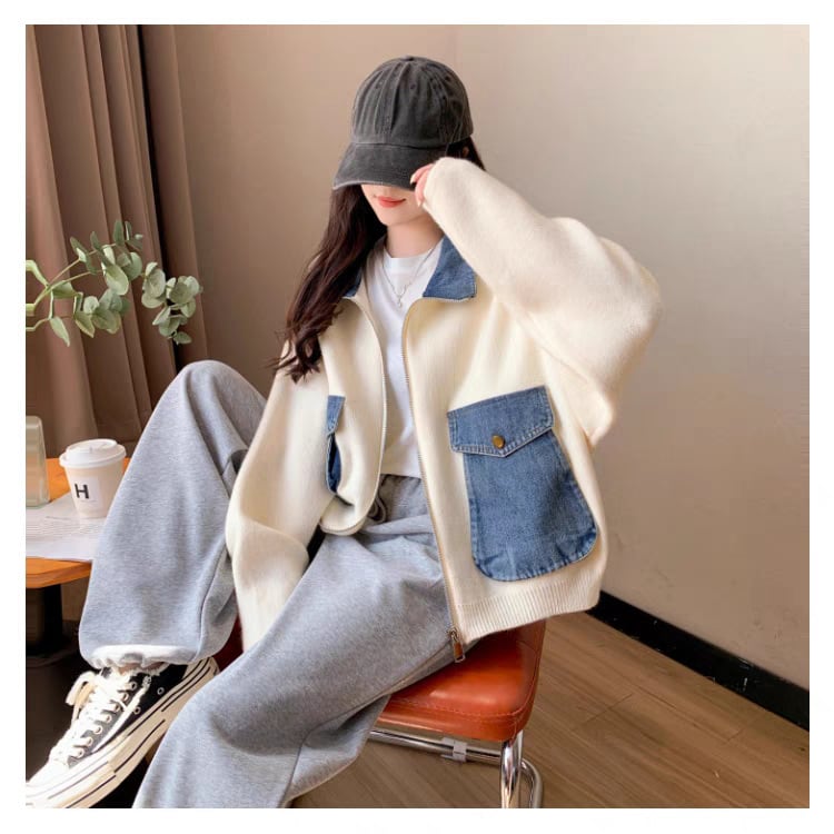 【outer】デニム切り替えニットカーデ　M25745