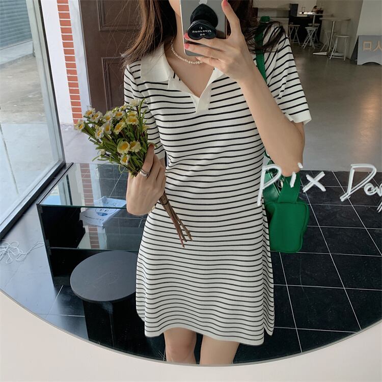 【dress】韓国風スウィートVネック着痩せストライプ柄ニットワンピース G0210